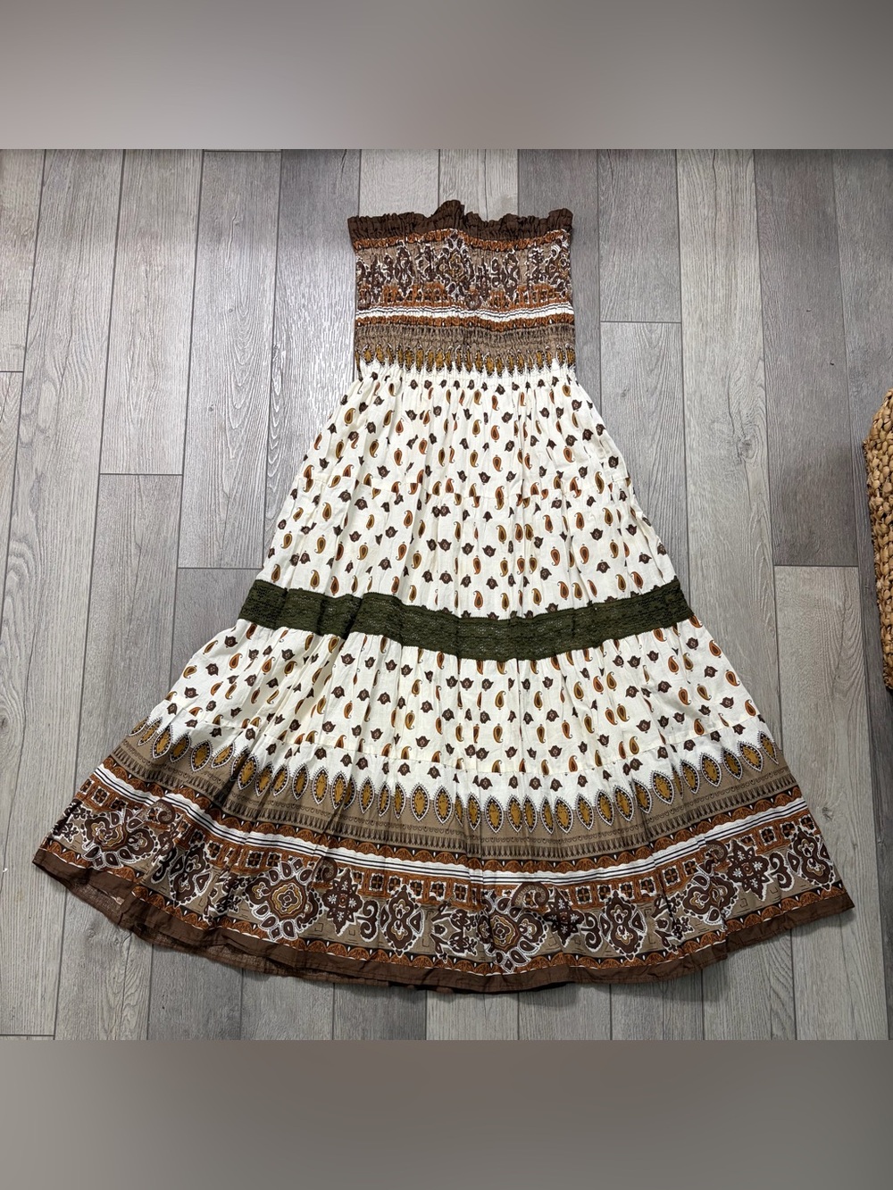 Speed Control Cream strapless Maxi Dress with Brown and Olive Accents Small